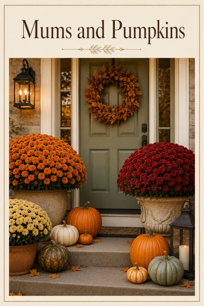 Beautiful fall front door decor featuring vibrant mums and pumpkins, creating a warm and inviting autumn atmosphere. Perfect for seasonal home styling ideas.