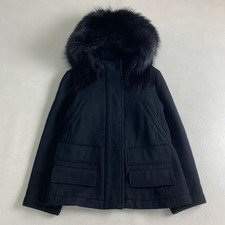Prada Coat Fur-Trimmed Hooded Hidden Placket Black Size 40 L Equivalent W4580