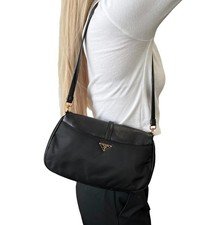 PRADA Vintage Triangle Logo Tessuto Nylon Shoulder Bag Black Leather 901925