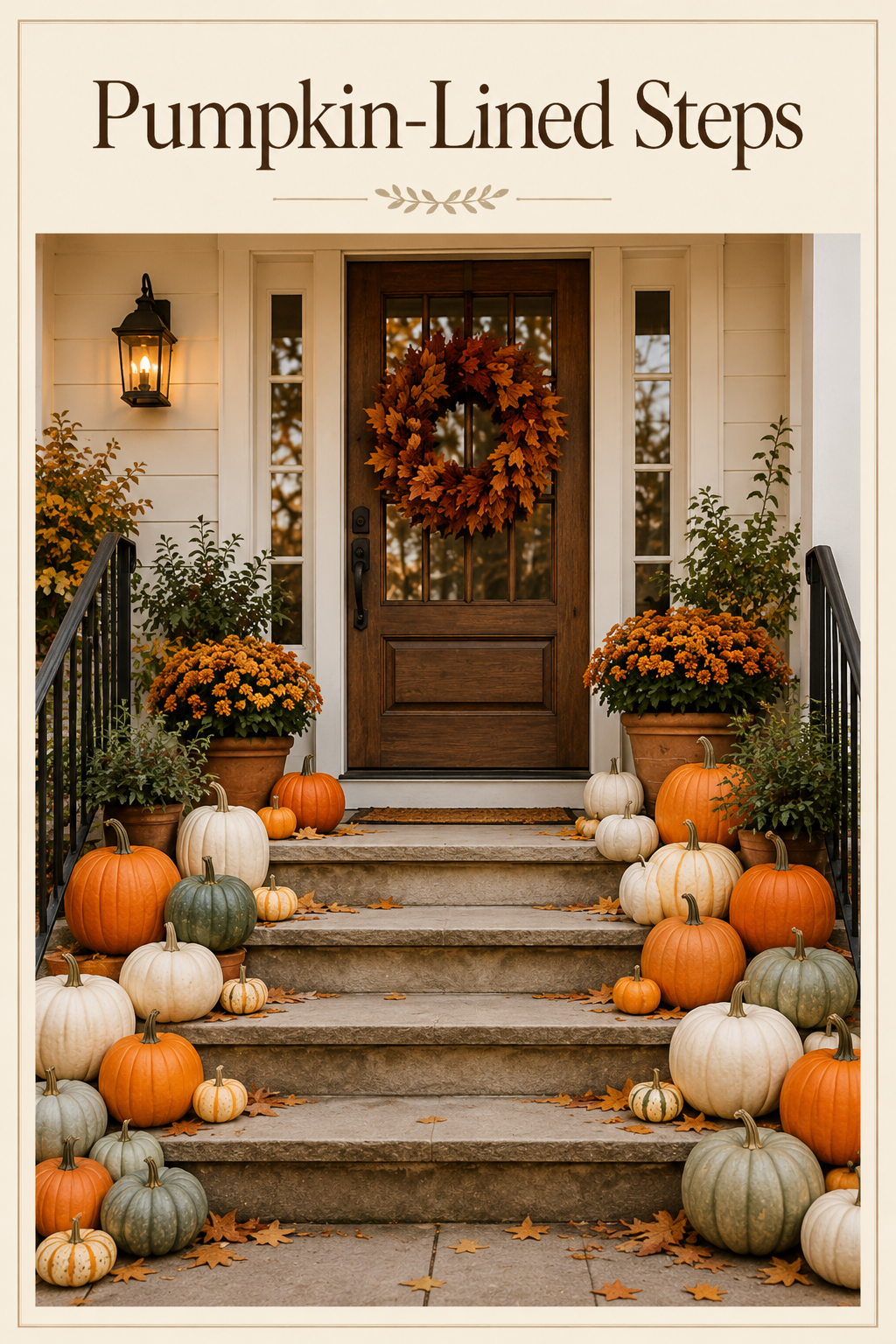 Charming front steps adorned with a variety of pumpkins and seasonal flowers, creating a welcoming autumn entrance for your home.