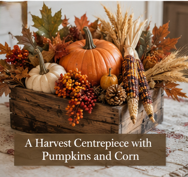 Harvest centerpiece featuring pumpkins, corn, and autumn foliage in a rustic wooden box, perfect for fall table decorations.