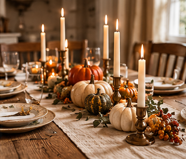 Elegant fall table centerpiece featuring pumpkins, candles, and greenery, perfect for autumn dining decor ideas. Ideal for festive gatherings and seasonal celebrations.