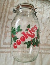 Retro Christmas Cookie Jar Hinged Swing Top Lid Holly Berry Design 10.75" tall