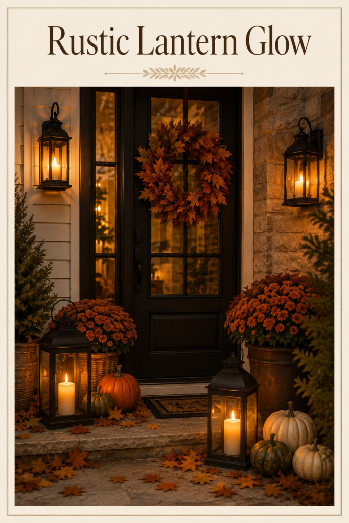 Cozy fall front door decor featuring rustic lanterns, vibrant autumn wreath, pumpkins, and colorful chrysanthemums amidst fallen leaves, creating a warm seasonal ambiance.