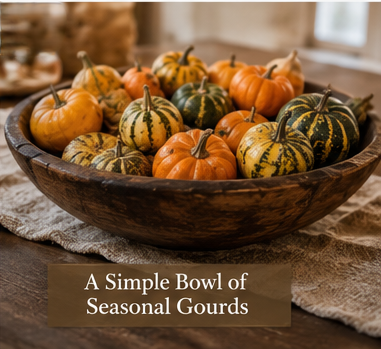 A rustic wooden bowl filled with colorful seasonal gourds, perfect for enhancing fall table centerpieces and creating a cozy autumn atmosphere.