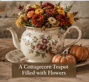 Cottagecore teapot filled with colorful flowers, paired with decorative pumpkins, creating a charming fall centerpiece for seasonal table decor.