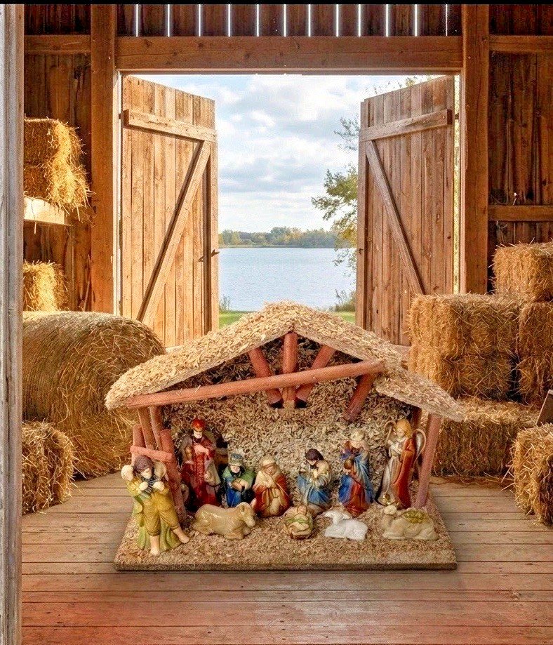 Vintage (11) Piece Fine Porcelain Nativity Set With Moss Covered Wooden Stable