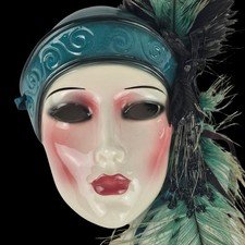 Vintage Art Deco Hand Painted Porcelain Mask Wall Hanging Flapper Girl Mask