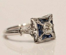 Vintage Art Deco Round Moissanite & Sapphire 14K White Gold Finish Wedding Ring