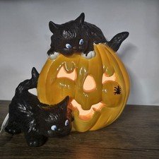 Vintage Black Cats Pumpkin Jack O Lantern Ceramic Halloween Decor 1990's