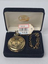 Vintage Disney Time Works Mickey Mouse Skeleton Pocket Watch Gold Tone With Box