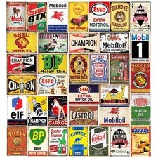 Vintage Gas Oil Tin Signs, 35 Pc Set - Retro Garage Decor