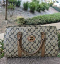 Vintage Gucci GG Classic Monogram Coated Canvas Brown Leather Boston Bag 70's