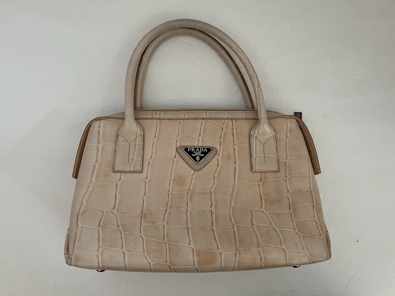 Vintage PRADA Milano Dal 1913 Handbag Purse Beige Crocodile Embossed Zipper