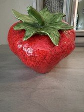 Vtg Tilting Red Strawberry Cookie Jar Canister Ceramic With Leaf Lids