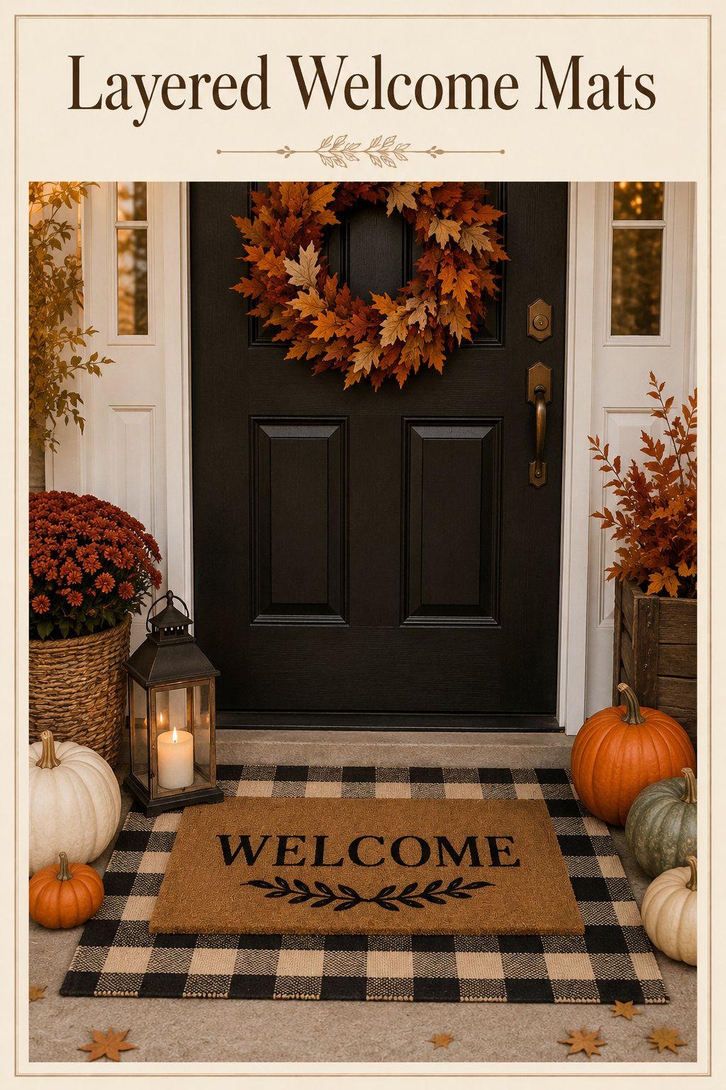 Layered welcome mats with fall decor, including pumpkins, a lantern, and a vibrant wreath, enhance autumn front door aesthetics. Perfect for seasonal home styling.
