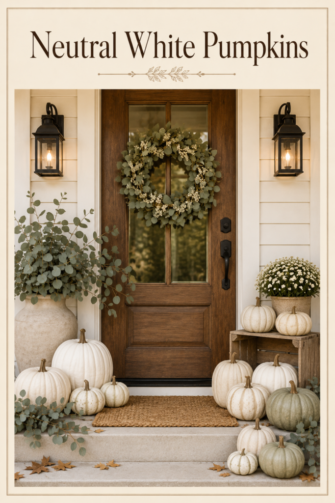 Charming fall front door featuring neutral white pumpkins, a greenery wreath, and elegant decor elements for seasonal home styling.