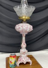 1800s Antique Vtg Oil Lamp Large Banquet Victorian Edwardian Pink Floral Dresden