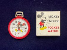 1970s Bradley Mickey Mouse Red Case Pocket Watch Model 6935 & Original Box NEW