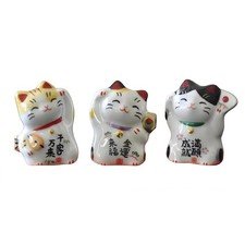 3-Piece Maneki Neko Cat Figurine Set, Mini Japanese Ceramic Lucky Beckoning Cat
