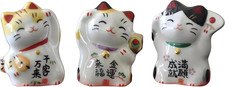 3-Piece Maneki Neko Cat Figurine Set, Mini Japanese Ceramic Lucky Beckoning Cat