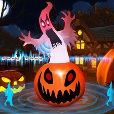 5FT Halloween Ghost Pumpkin Inflatable Yard Decor LED Lights Sound Sensor