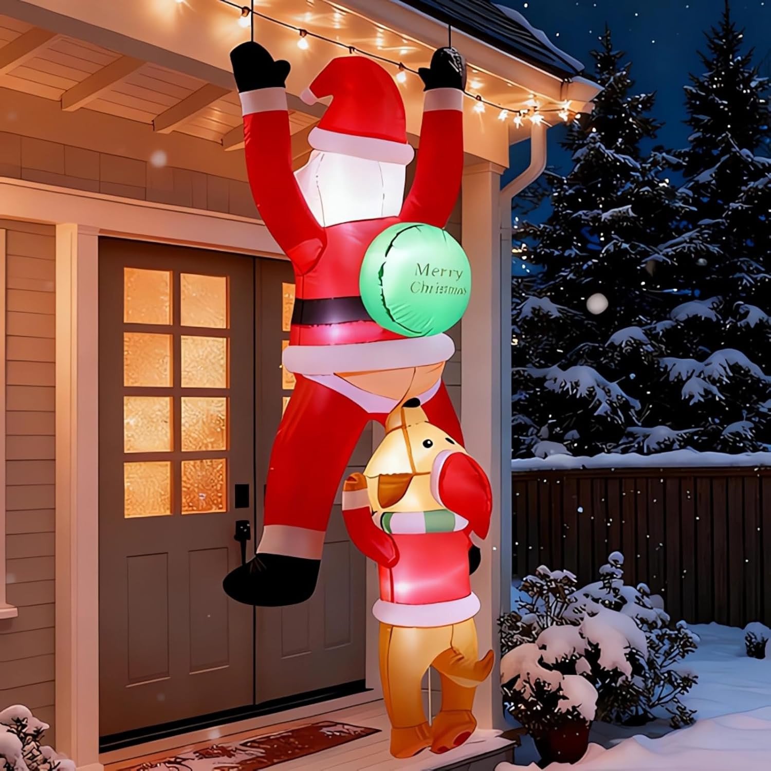 6FT Hanging Christmas Inflatables Outdoor, Climbing Santa with Dog Blow Up Roof