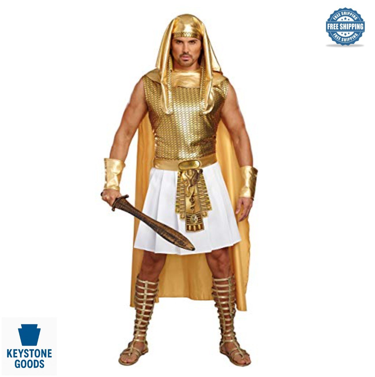 Ancient Egyptian Pharaoh Costume Men Large Gold White Headpiece Collar Cape