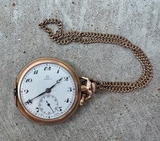 Antique Omega Pocket Watch 15 Jewel Swiss Gold Filled Hunter Case w/ Chain