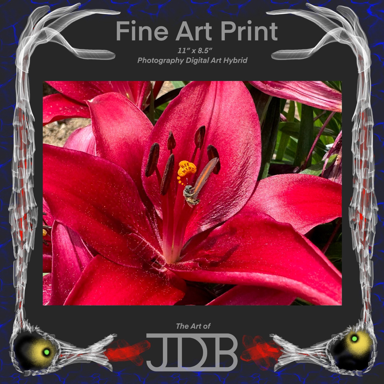 Bee Kind Red Easter Lily Art Print Artist JDB Flowers Lilies Honey Be Home Decor