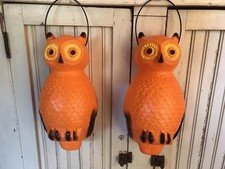 Blow Mold Halloween Orange Hanging Owls Lighted PAIR Union Products 14”
