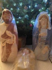 Blow Mold Lighted Nativity Set Joseph Mary Baby Jesus Christ Vintage DAMAGED BOX