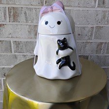 Ceramic Ghost Holding Black Cat Cookie Jar with Pink Bow