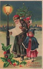 Christmas Santa Claus Dark Green Coat Child Toys Lamp Post Snow Vintage Postcard