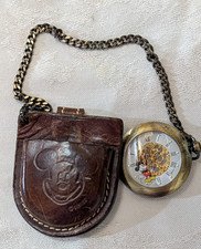 Disney Mickey Mouse Pocket Watch with Chain and Leather Case
