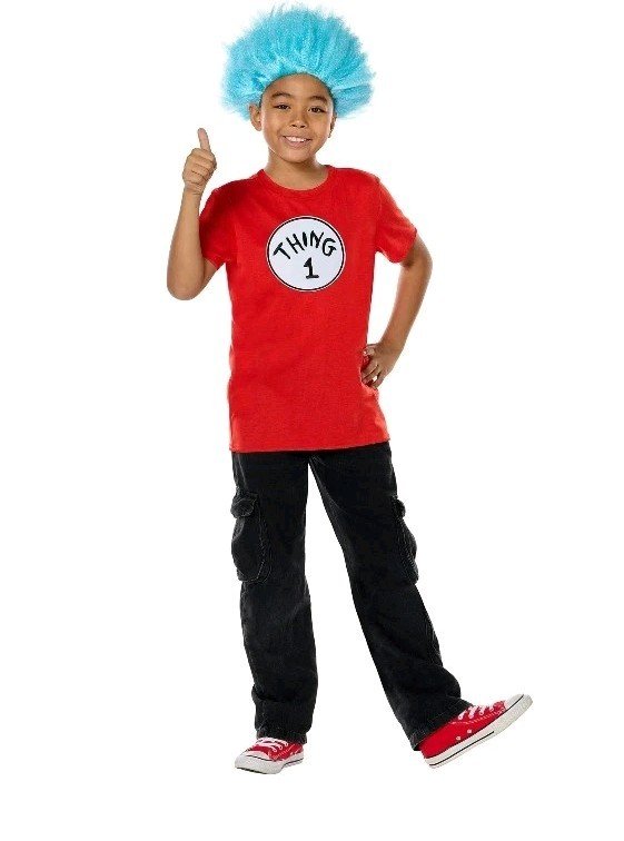 Dr Seuss Thing 1 & 2 Costume Shirt, Wig & 2 Patches Seuss Day Kids Size S/M