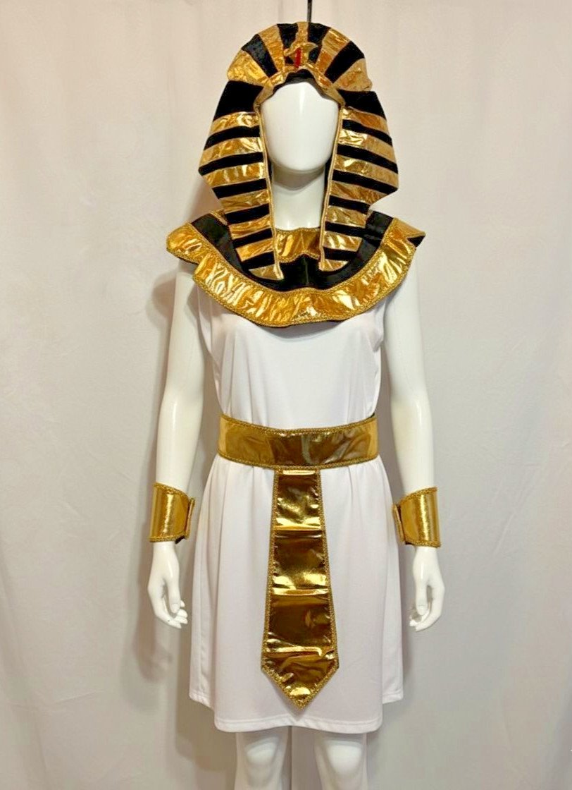Egyptian Pharaoh Costume Set With Gold & Black Striped Headdress Collar And Belt