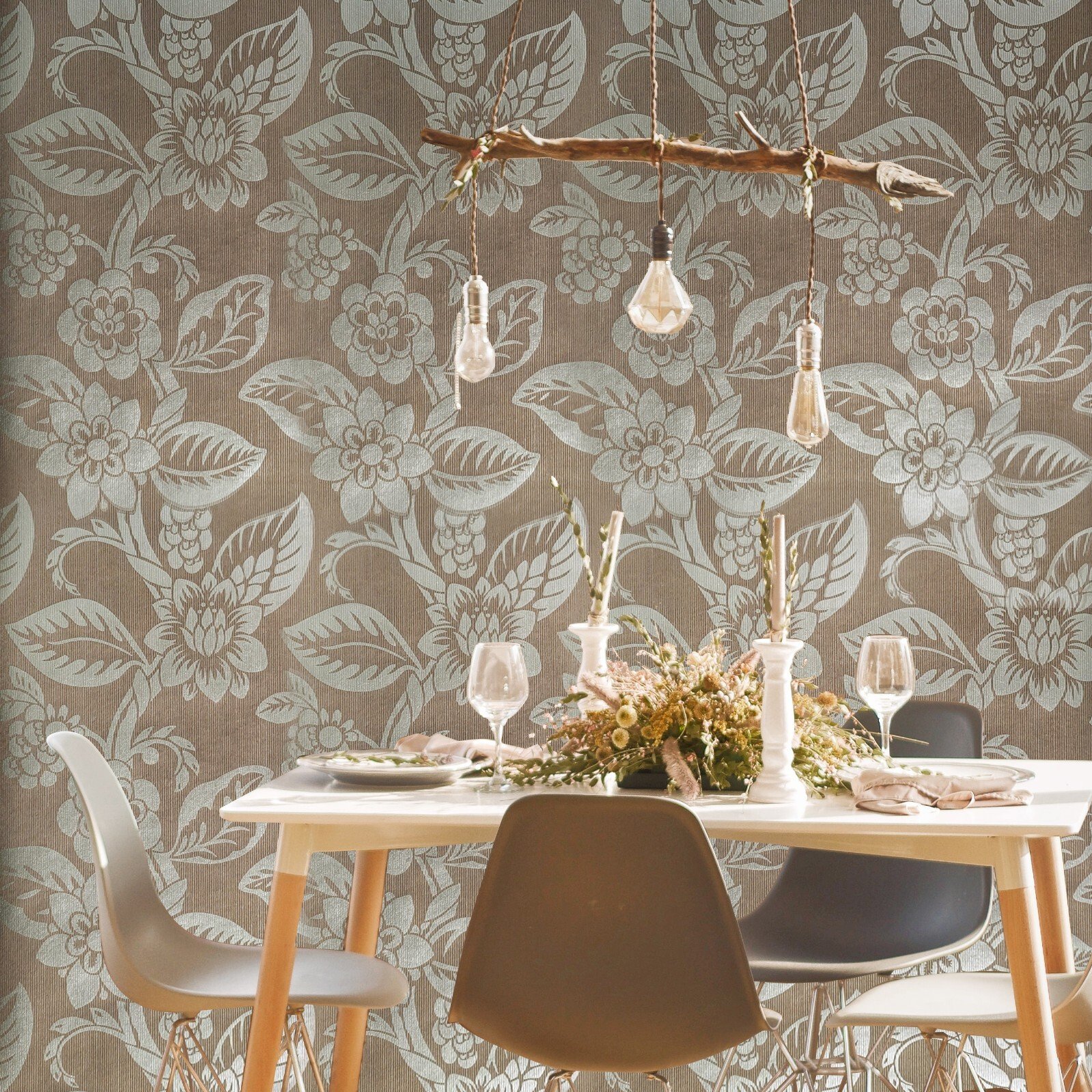 Floral Retro Victorian non-woven Wallpaper brown silver metallic wallcoverings