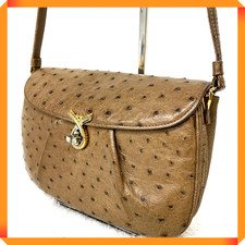 Genuine Ostrich Leather Shoulder Bag Brown Color Made in Japan Women's Vintage