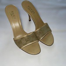 GUCCI Vintage Mule Heels GG Canvas Brown Beige Size 36C Italy