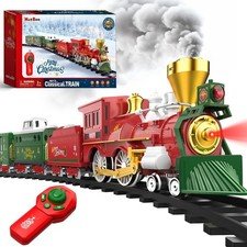 Hot Bee Christmas Train Set Remote Control Train Toys w/Smoke, Lights & Sound