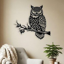Large Horizontal Owl Branch Metal Wall Art for Cabin and Wildlife Decor