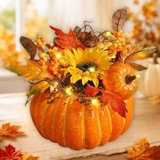 Lighted Fall Pumpkin Maple Leaves Thanksgiving Halloween Centerpiece Table Decor