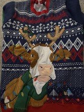 Men's CHRISTMAS Knit HOLIDAY TIME Cow Crew Neck Pullover Sweater Navy Red