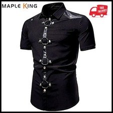 Men's Short Sleeve Rivet Dress Shirt Slim Fit Gothic Steampunk Summer Casual