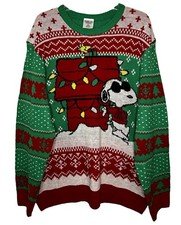 Peanuts Snoopy Christmas Graphic Knit Pullover Sweater Green/Red XL Crew Neck