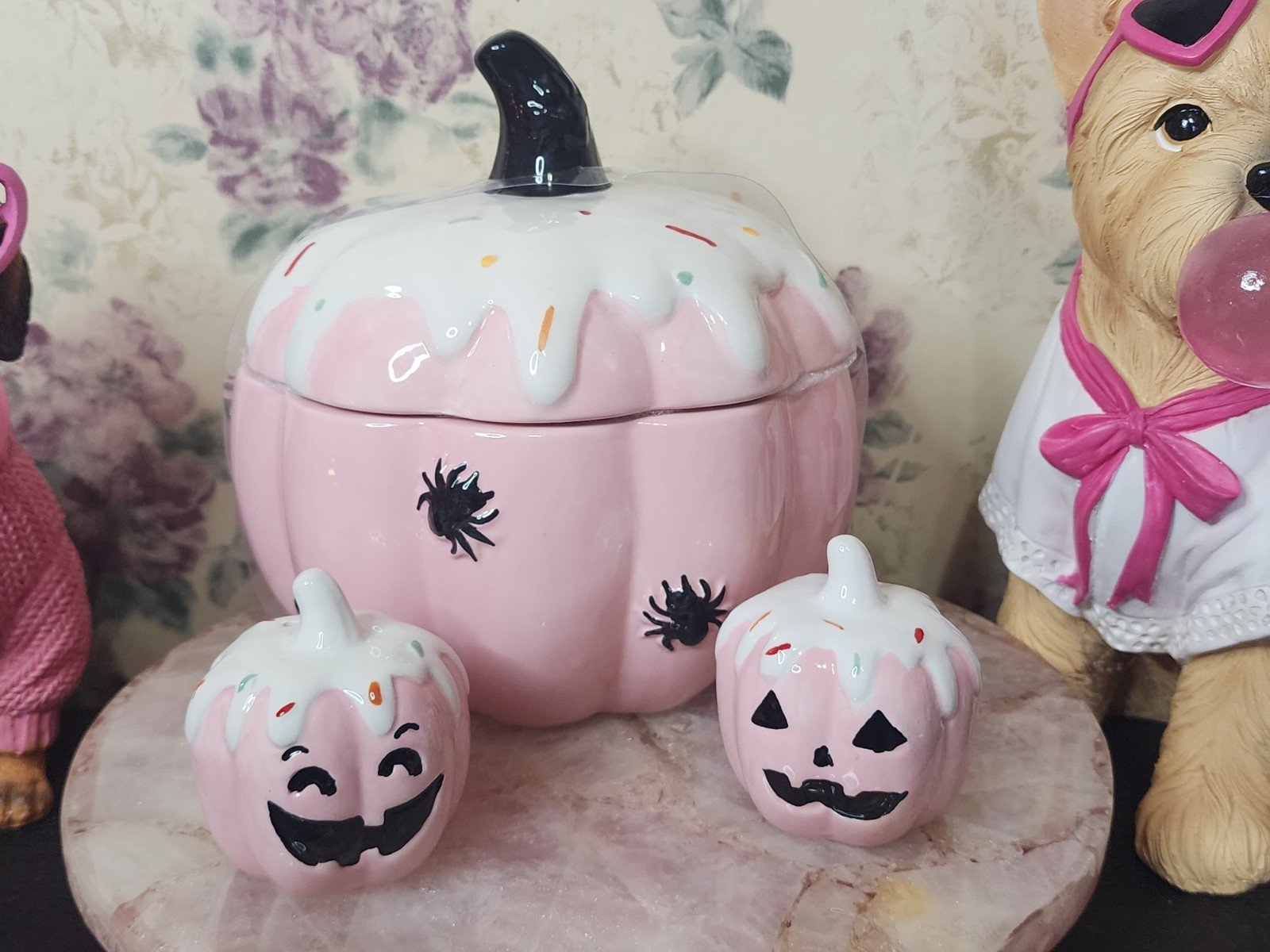 Pinkoween Halloween Pink Pumpkin W Spiders Canister Jar & Salt & Pepper Set