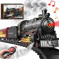 Remote Control Christmas Train Set with Lights, Smoke & Whistle for Kids