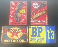 Set of 4 Vintage Style Retro Metal Garage Signs Gas and Oil Advertising Decor