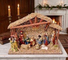 Vintage (11) Piece Fine Porcelain Nativity Set With Moss Covered Wooden Stable